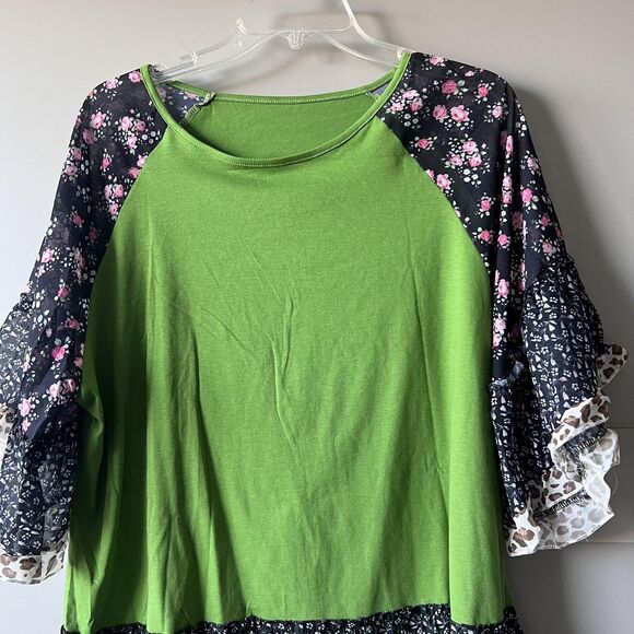 Boho Floral Leopard Floral Top Women Large Green Black Ruffle Bell Sleeve Tiered - Picture 3 of 9